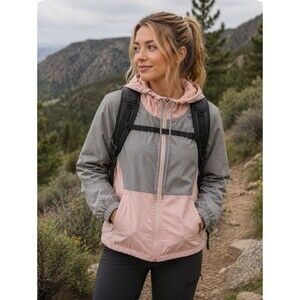 Lightweight Hooded Windbreaker Jacket Pink & Gray Voyager Medium Hiking Women's